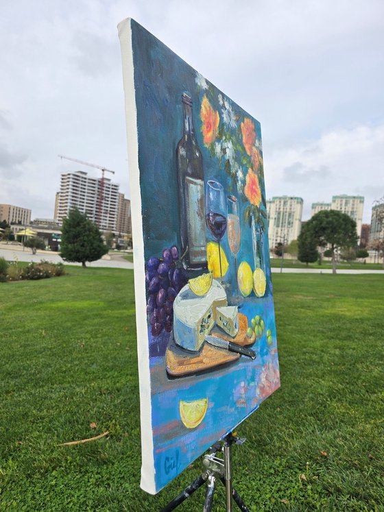 Evening Still Life with Wine and Citrus