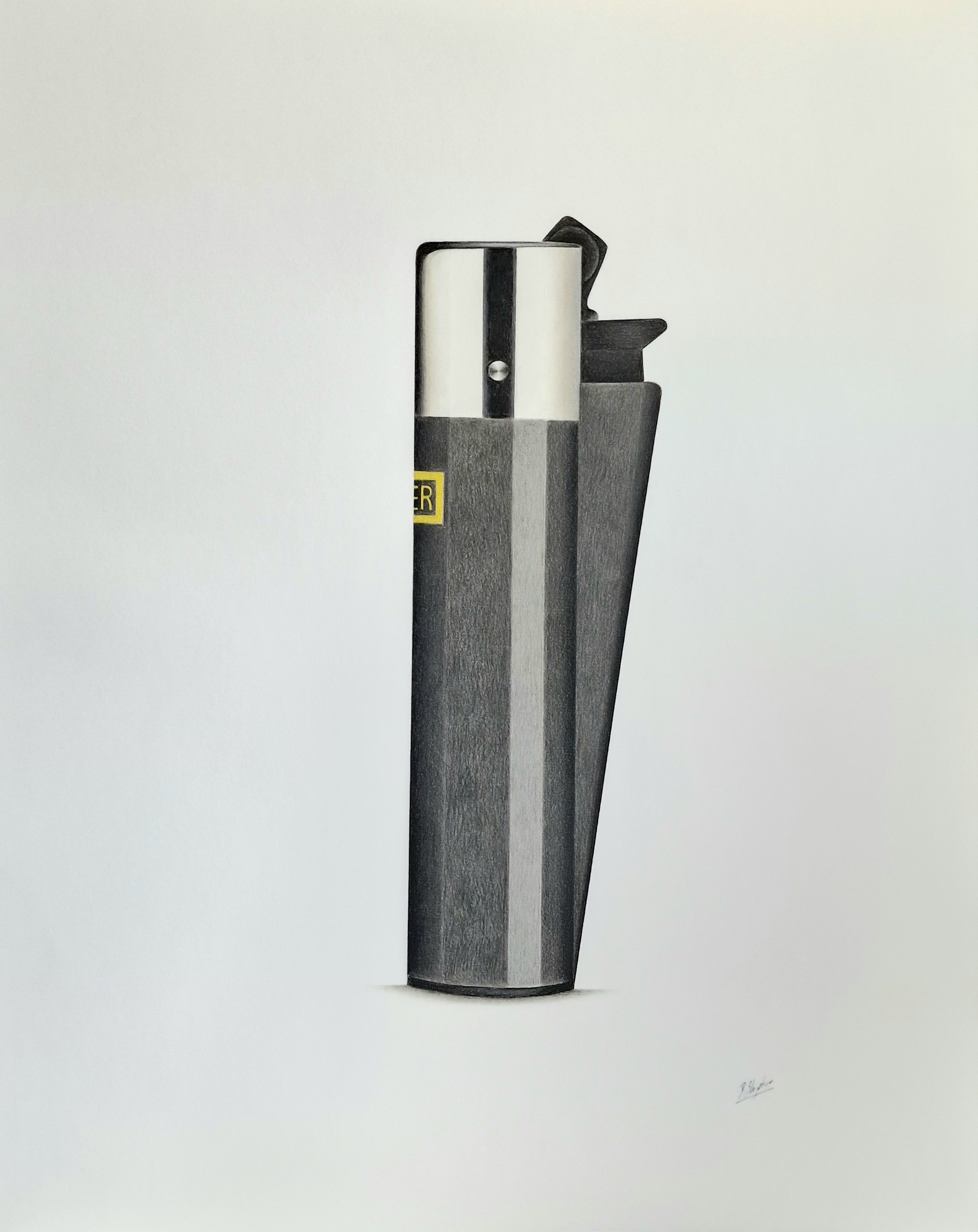 Urban And Pop Still Life Pencil Drawing By Daniel Shipton, 16 X 20, Black Clipper Lighter, Original Artwork