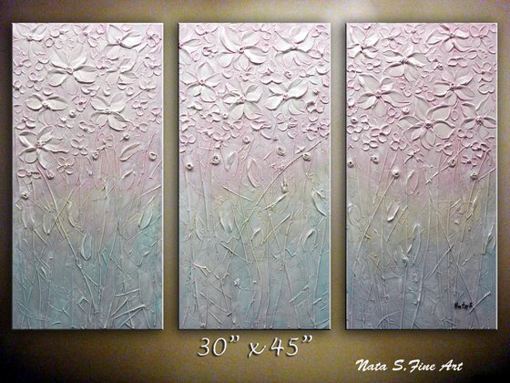 Pink Blossom - Textured Floral Art, Pink Blue Triptych of Flowers