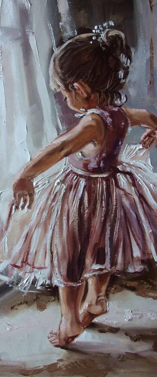 " WILL BE A STAR ... "-  little dancer liGHt ballet ORIGINAL OIL PAINTING, GIFT, PALETTE KNIFE by Monika Luniak