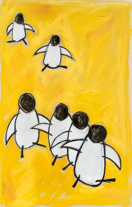 SIX PENGUINS WADDLE IN THE SUN