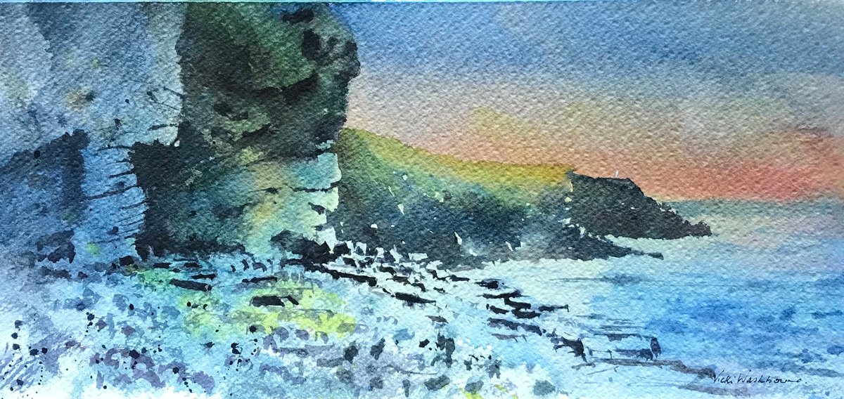 Impressionistic Landscape Watercolour By Vicki Washbourne, 15 X 7", Glamorgan Heritage Coast, Original Artwork