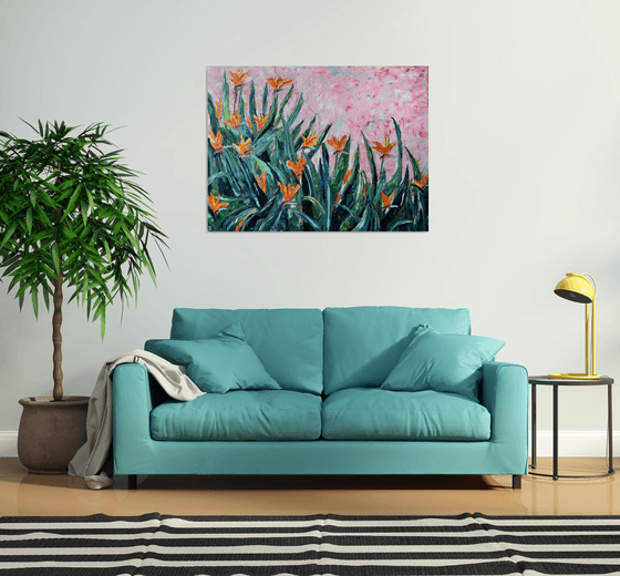 Big original oil painting Flowers Bird of paradise