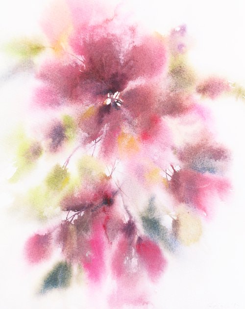 Pink watercolor flowers "After summer rain" by Olga Grigo