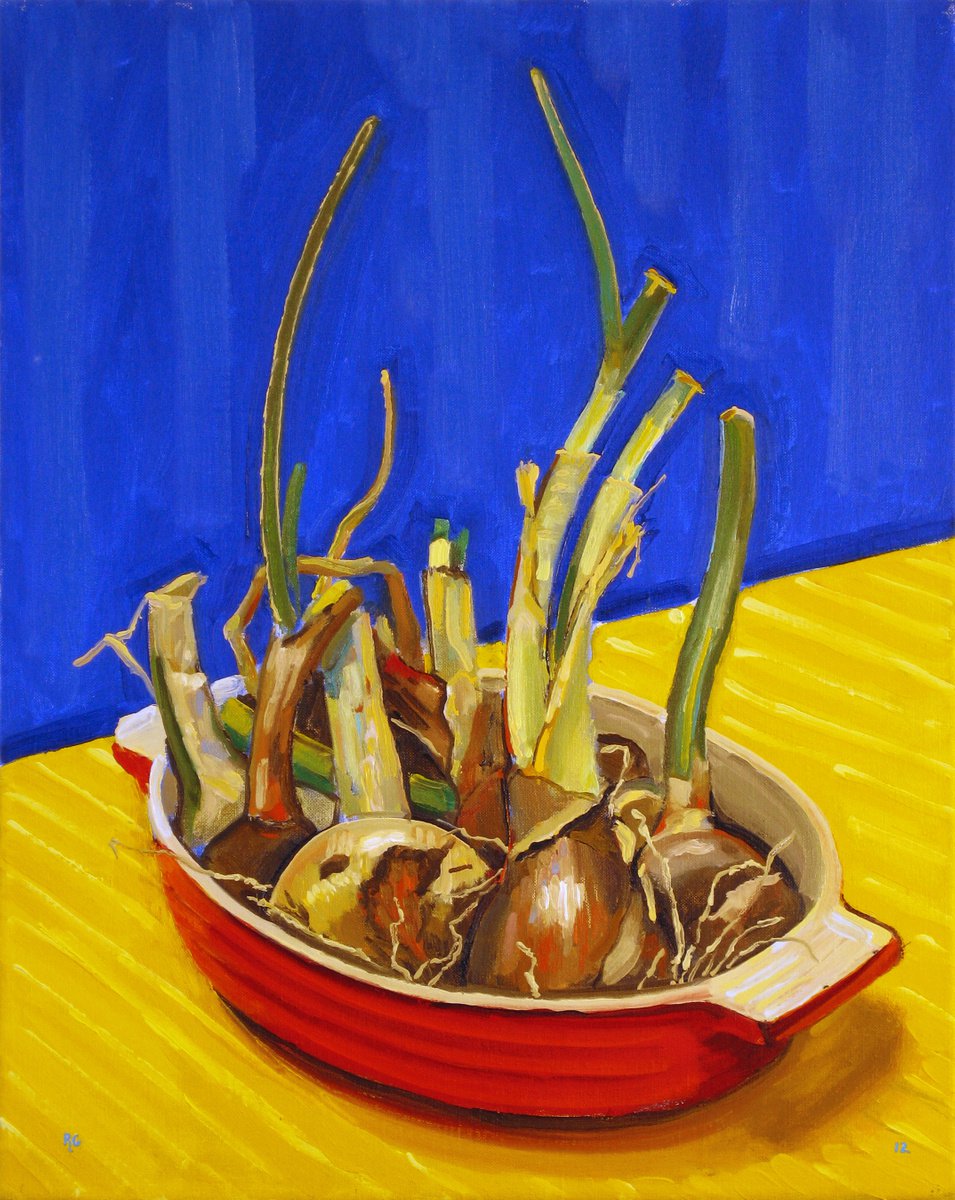 Botanical Oil Painting By Richard Gibson, 16 X 20", Onions In A Red Dish, Original Artwork