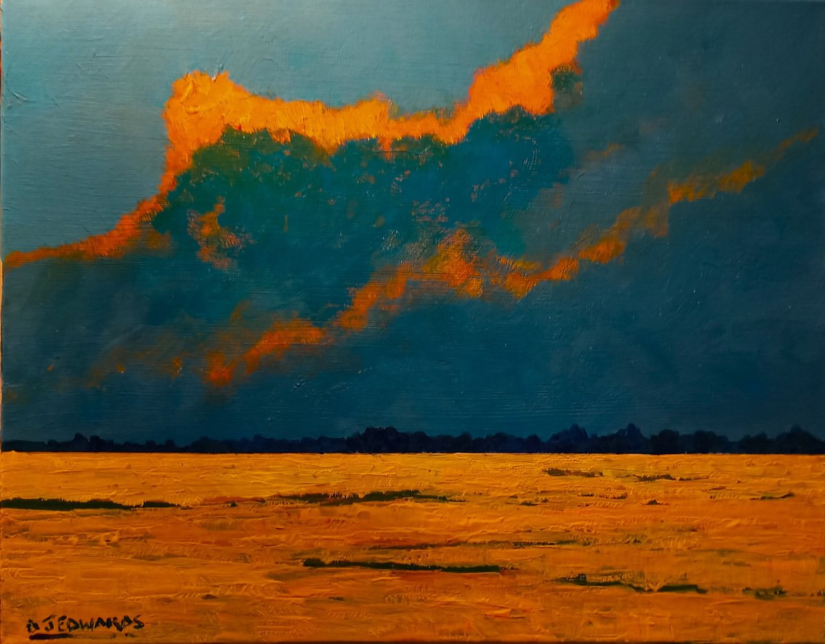 Impressionistic Landscape Acrylic Painting By David J Edwards, 20 X 16, Fire In The Sky, Original Artwork
