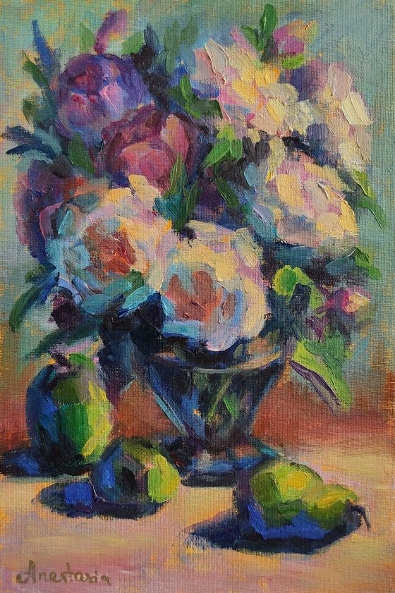 Still life Bouquet of summer flowers and pears