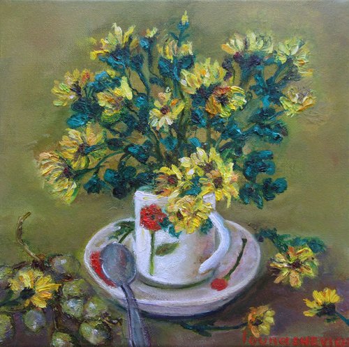 Crysanthemums Floral Impressionism Kitchen Art Household with Coffeecup Spoon Green Yellow Grapes Modern Still Life / Small Oil Painting 8x8in (20x20cm) Restaurant by Katia Ricci