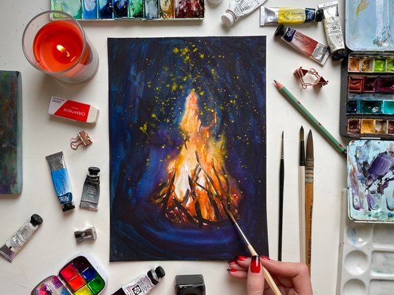 Bonfire Watercolor Painting, Fire Original Artwork, Campfire Picture, Camping Wall Art, Gift for Him