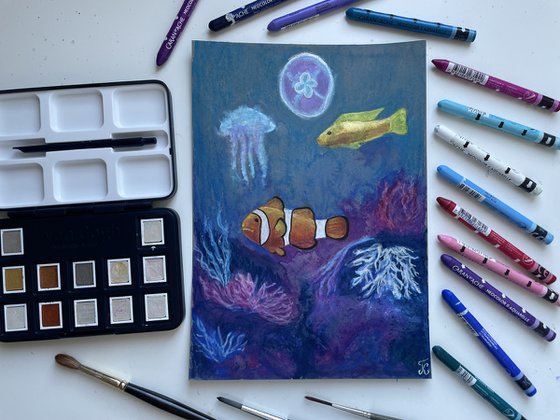 Clown Fish Metallic Watercolor Painting, Jellyfish Original Artwork, Ocean Picture, Shiny Wall Art