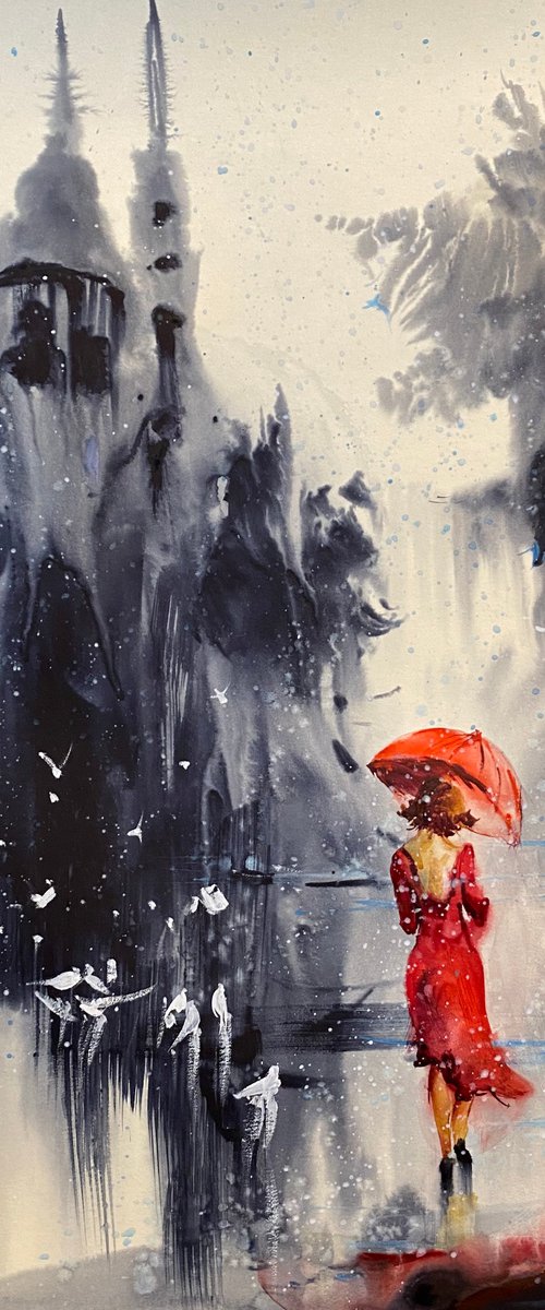 Watercolor “Lady in red and white doves” perfect gift by Iulia Carchelan