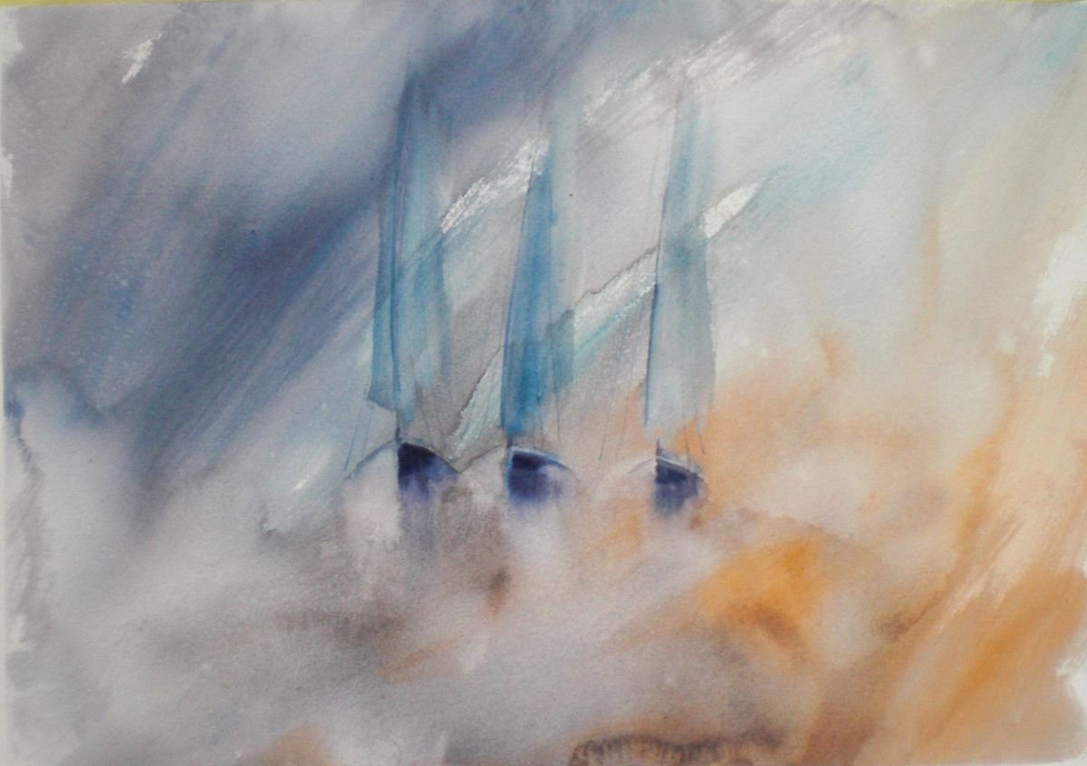 Expressive Landscape Watercolour By Giorgio Gosti, 19 X 13, Boats In The Storm, Original Artwork