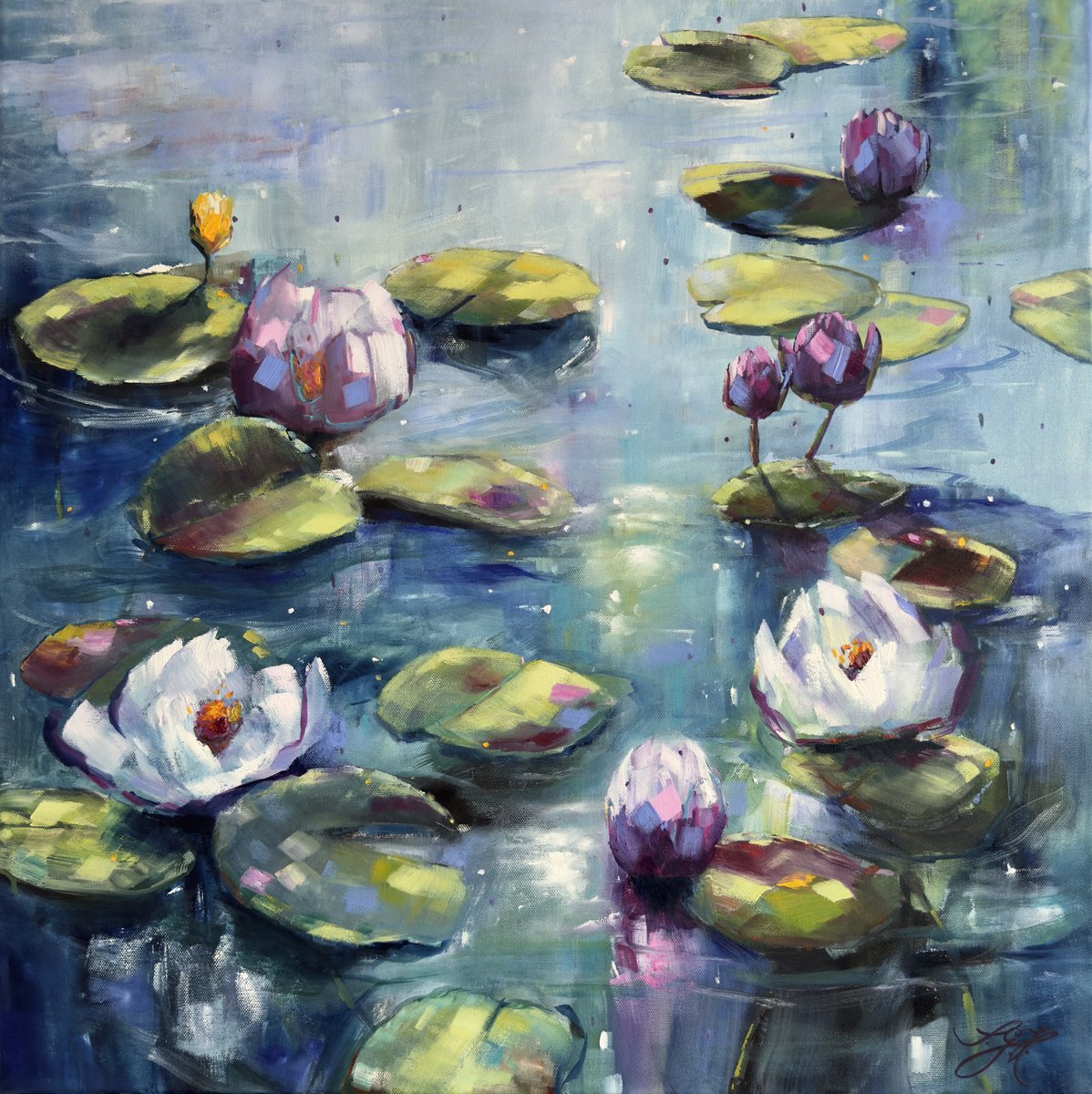 Impressionistic Botanical Oil Painting By Sandra Gebhardt-Hoepfner, 24 X 24", Lilies Dance 2, Original Artwork