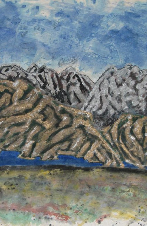 Untitled , mountainscape in silver & gold by Gordon T.