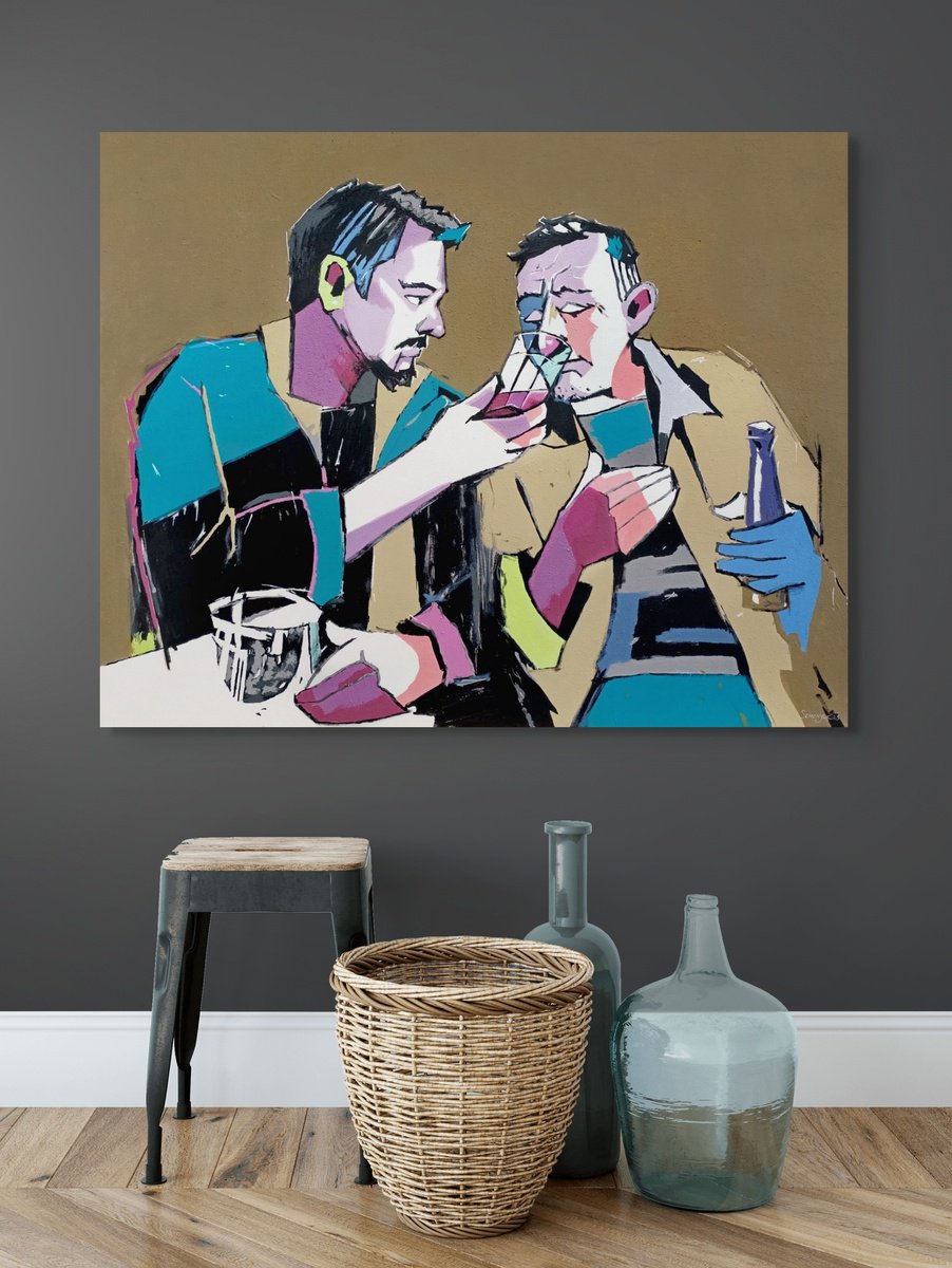 Impressionistic Portrait Acrylic Painting By Evgen Semenyuk, 39 X 31, Wine Tasting In Pastel Colors, Original Artwork