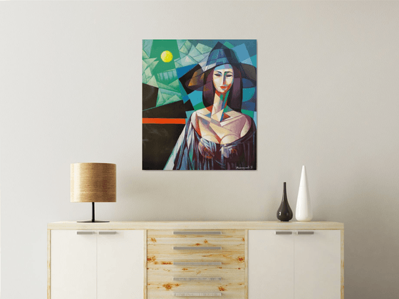 Full Moon (70x80cm, cubism, oil painting, ready to hang)