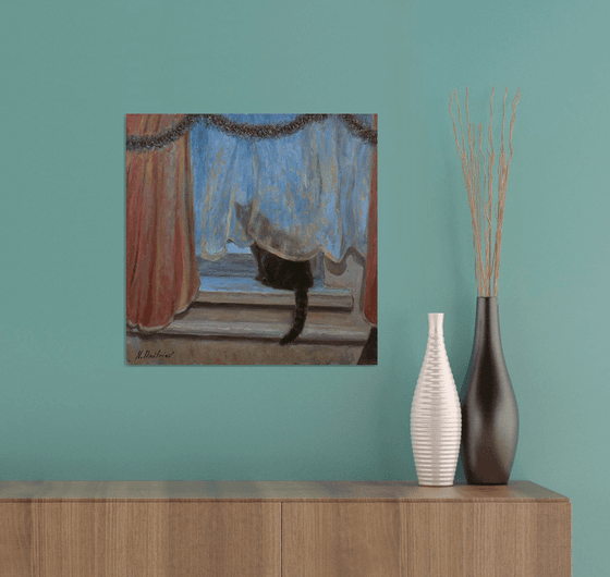 Cat Waiting For Christmas - original oil painting