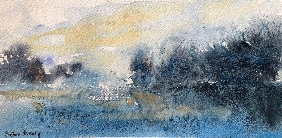 Impressionistic Landscape Watercolour By Snezana Djordjevic, 14 X 7", On The Blue Side-, Original Artwork