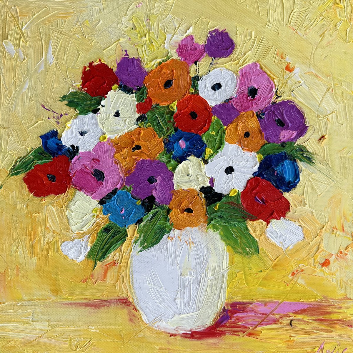 Impressionistic Botanical Oil Painting By Irina Anis, 12 X 12, Bouquet In A White Vase, Original Artwork