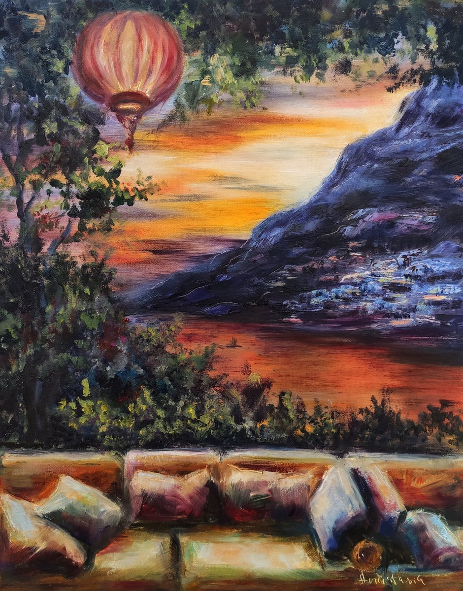 Landscape with Sea Cityscape Mountain View Sunset Lights Water Reflections by Anastasia Art Line