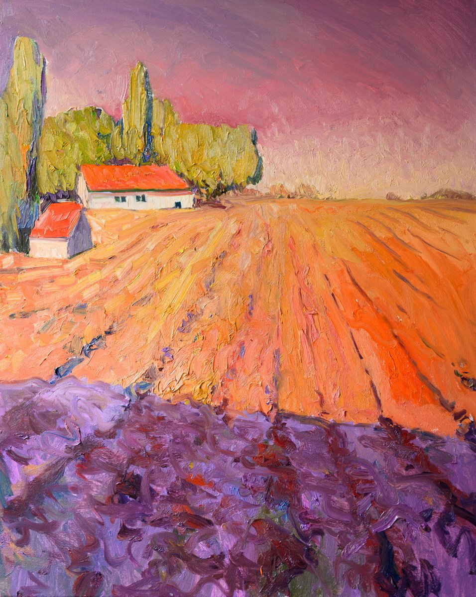 Expressive Landscape Oil Painting By Suren Nersisyan, 22 X 28", Evening On The Farmland, Original Artwork