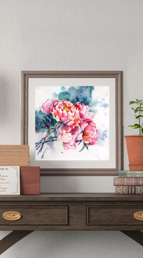 Abstract watercolor painting "Pink peonies" square format by Ksenia Selianko