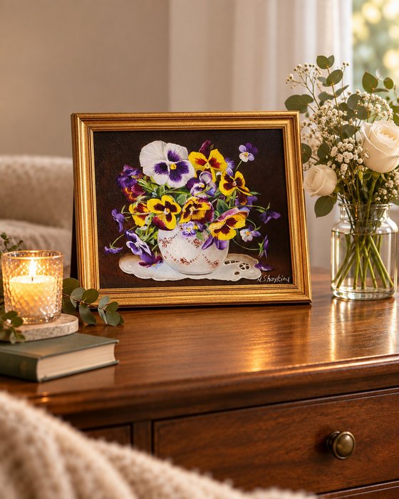 Pansies in a White Ceramic Vase