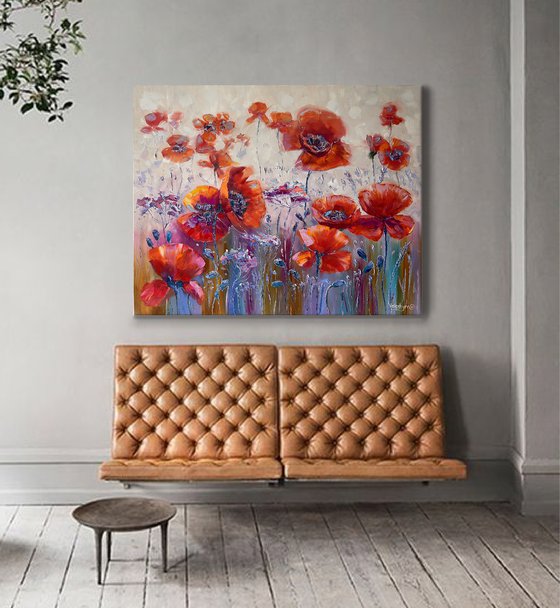 "Red poppies". Flowers oil painting. 100x80cm