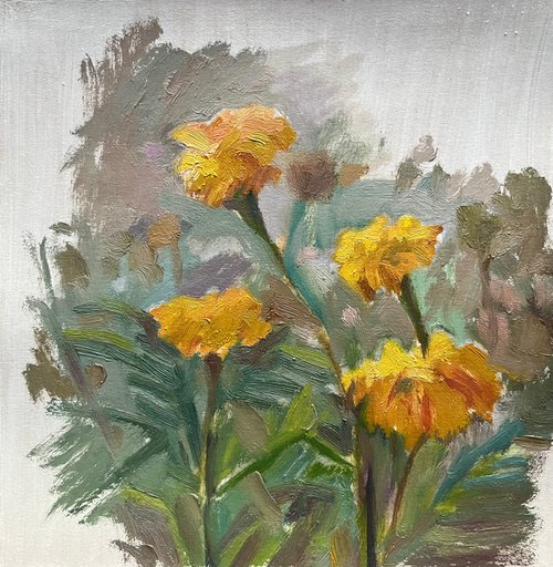 Marigolds flowers original oil artwork from Ukraine by Roman Sergienko