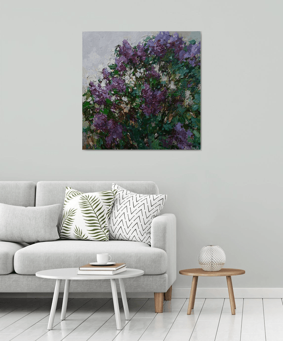 Blooming purple lilacs Original oil painting 90 x 90 cm