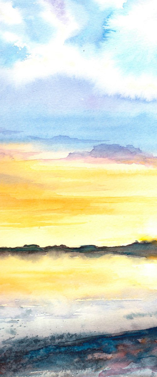 Sunset Painting, Seascape Painting, Cloudscape, A4, Original Watercolour Painting, Portrait format by Anjana Cawdell