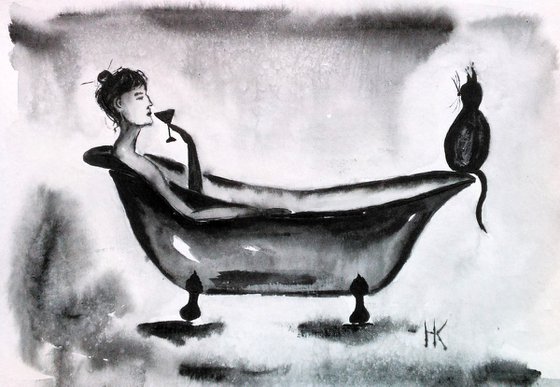 woman and cat original watercolor paintign" No privacy space"