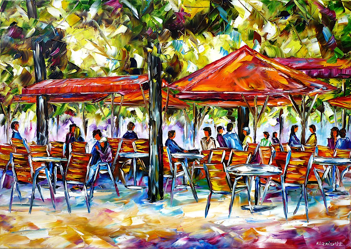 Expressive Cityscapes Oil Painting By Mirek Kuzniar, 28 X 20", In The Jardin Des Tuileries, Original Artwork