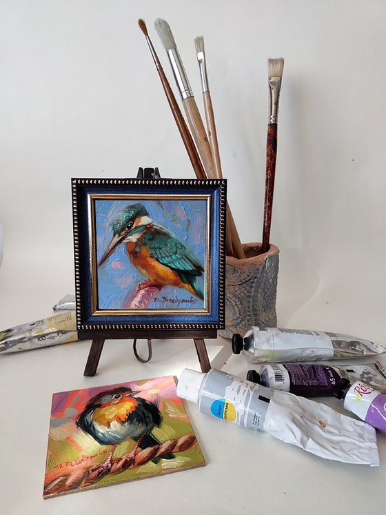 Small art Kingfisher bird painting original framed picture 4x4, Blue artwork bird wall art decor friendsgiving gift ideas