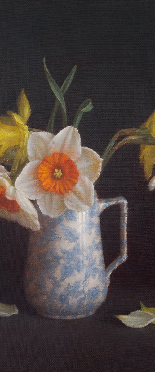Daffodils in a milk jug by Irina Trushkova