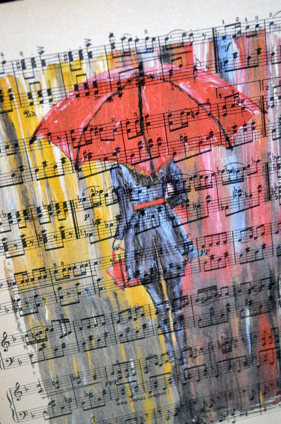 Red Umbrella  on the Vintage Music Sheet