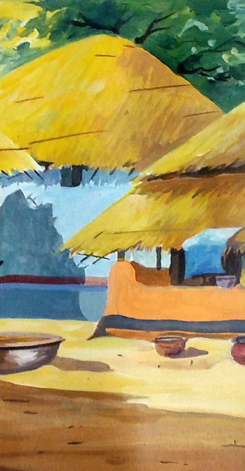Morning Rural Hut - Acrylic on Canvas Painting by Samiran Sarkar