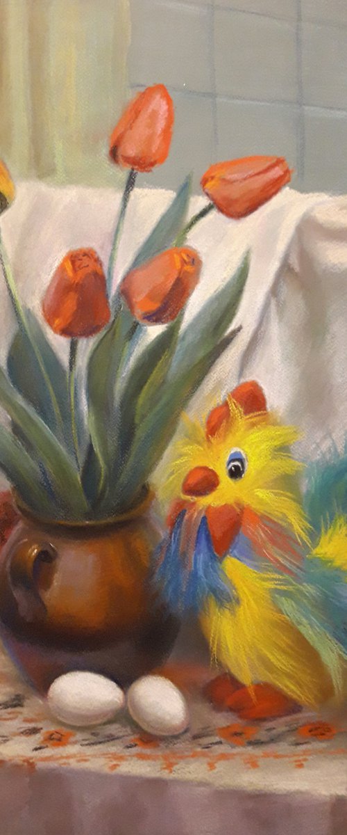 Still Life with Rooster and Tulips by Boris Serdyuk