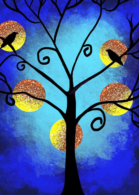 Birds of a Feather tree bird pictures online art for living room in a3 blue edition