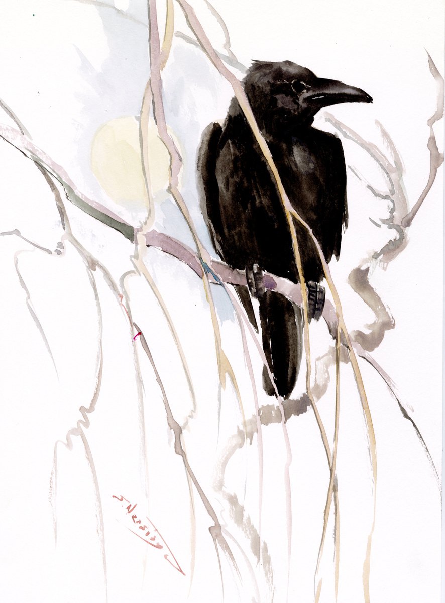 Raven on The Tree, Crow Painting by Suren Nersisyan