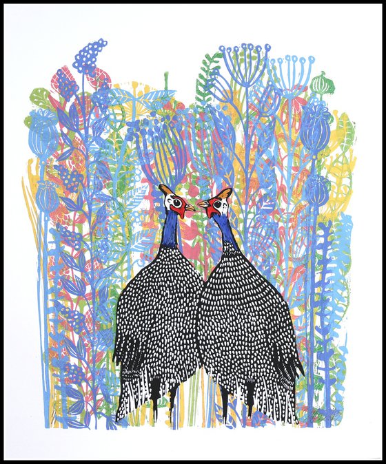 Guinea Hens and Blue Flowers