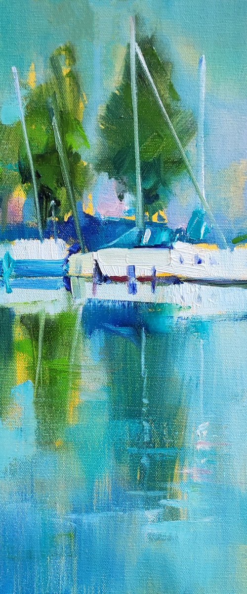 Yachts on Calm Lake — Original Oil Painting by Natalia Miasnikova