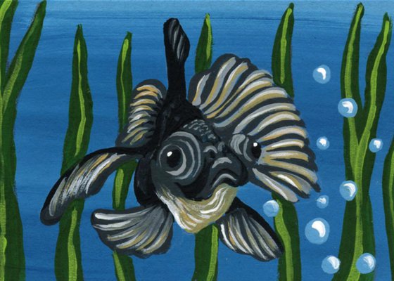 ACEO ATC Original Miniature Painting Black Moor Goldfish Pet Art-Carla Smale