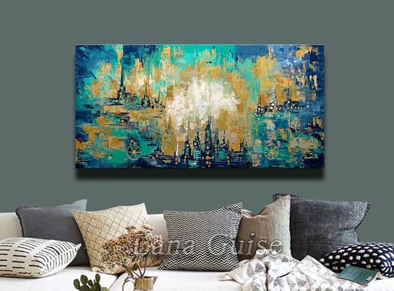 Abstract Painting - In The Moonlight - Original Cityscape Gold Aqua Blue Painting Modern Textured Palette Knife