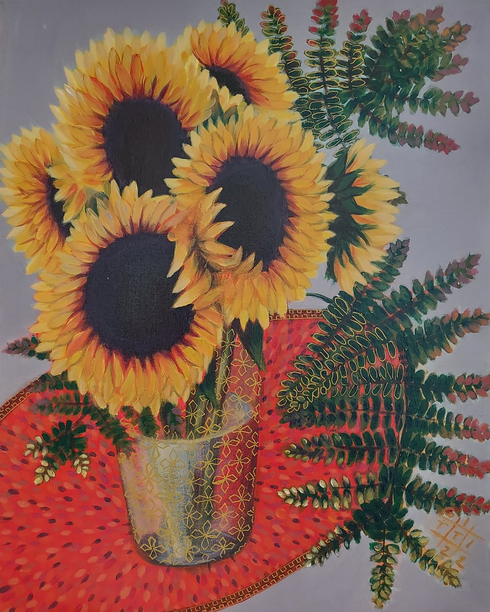 Impressionistic Botanical Acrylic Painting By Gitti Gv, 16 X 20, Sunflowers On Table, Original Artwork