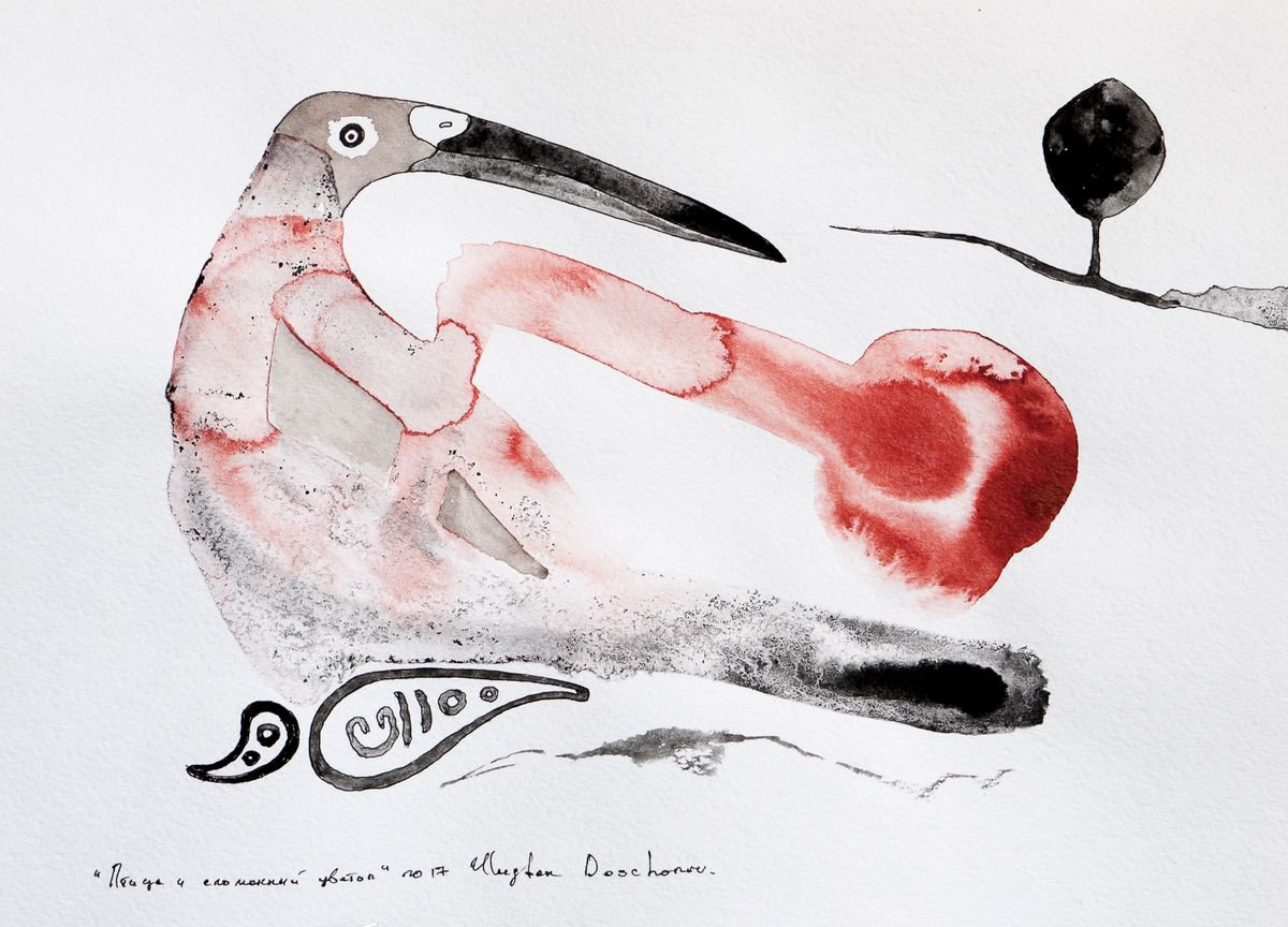 The bird and the broken flower. ink painting on paper by Ulugbek Doschanov
