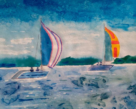 Sailboat Painting Nautical Original Art Sea Watercolor Marina Artwork Small Wall Art 17 by 12" by Halyna Kirichenko