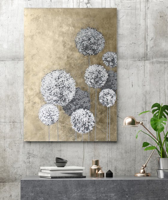 "Gold Flower Balls" Abstract gold gray art