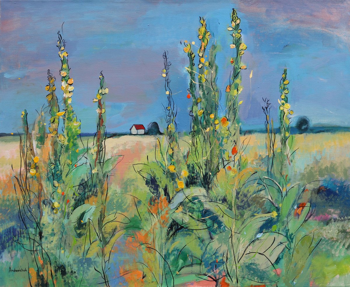 Impressionistic Landscape Acrylic Painting By Artem Andreichuk, 43 X 35, Verbascum, Original Artwork