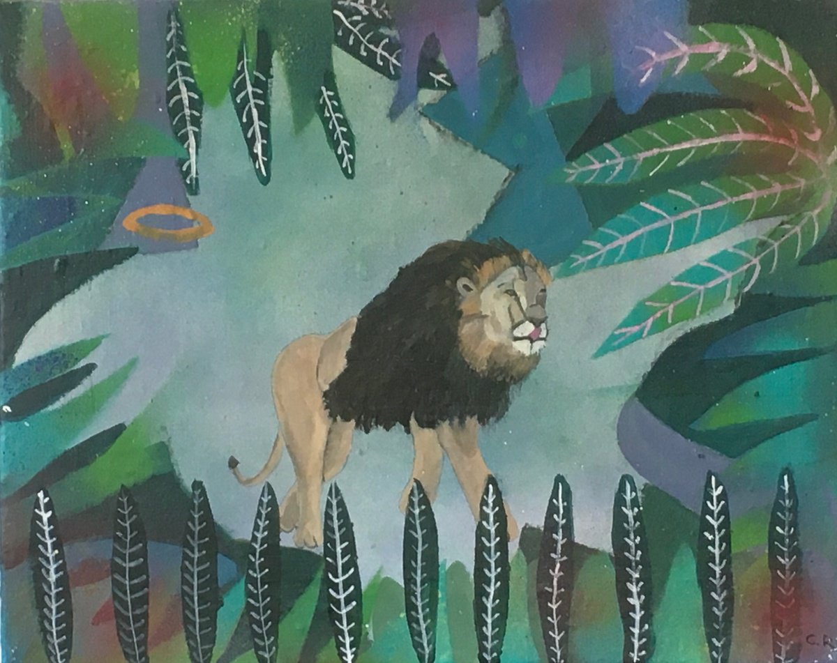 Illustrative Animal Painting By Chihiro Kinjo, 20 X 16, A Lion In Jungle., Original Artwork